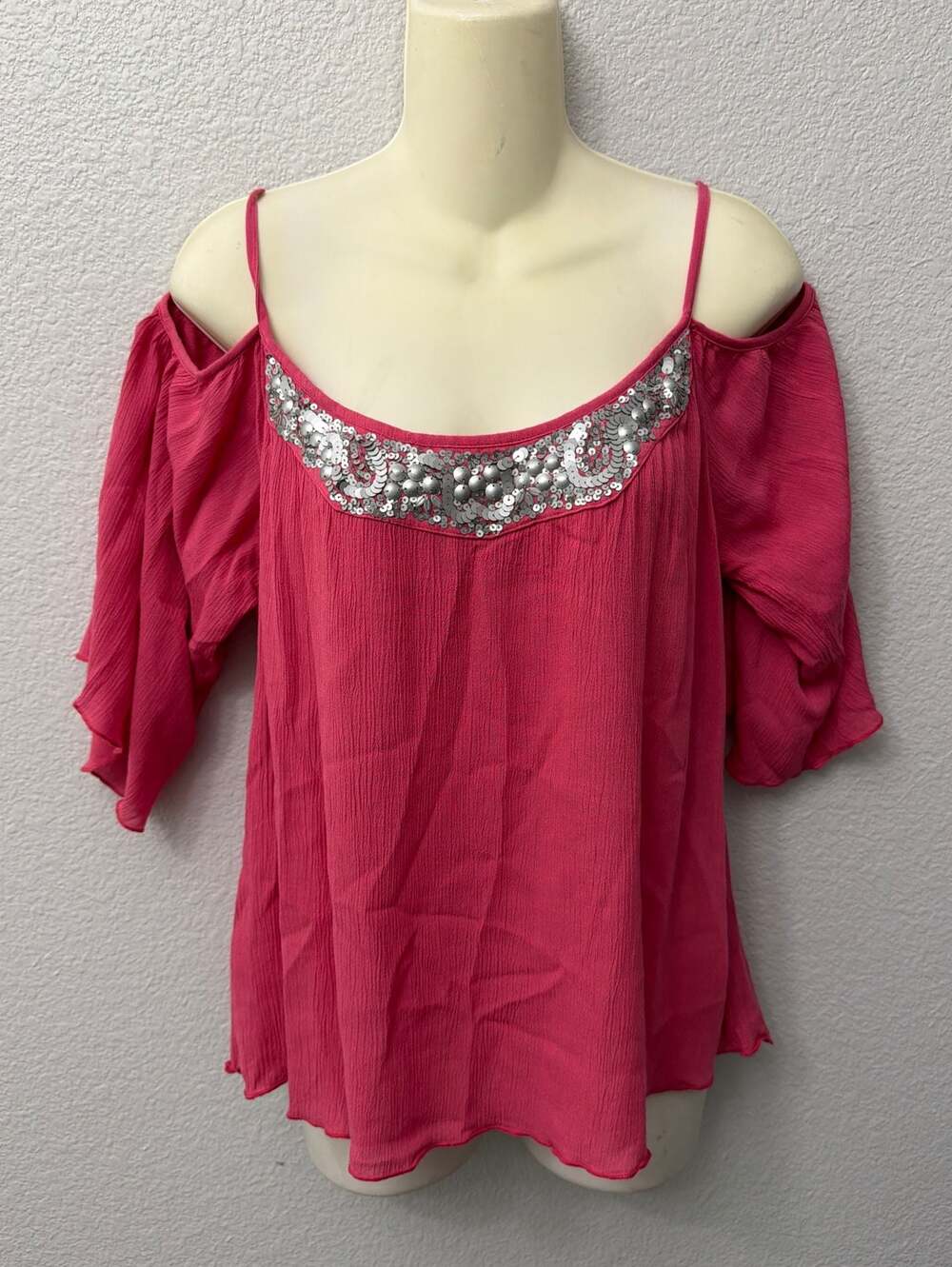 Moda International Pink Cold Shoulder Sequin Embellished Gauze Blouse Top